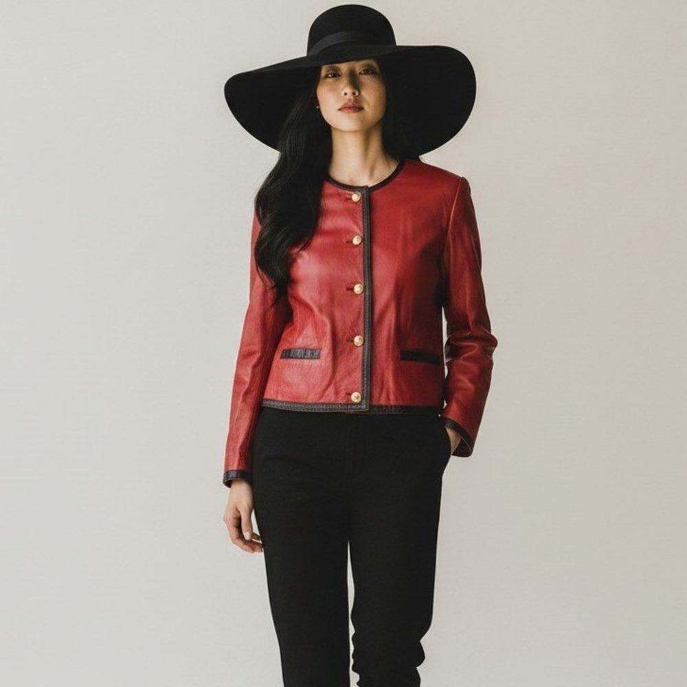 Lord & Taylor Red Lambskin Leather Jacket 8 Women's Lamb Nappa Soft Gold Buttons